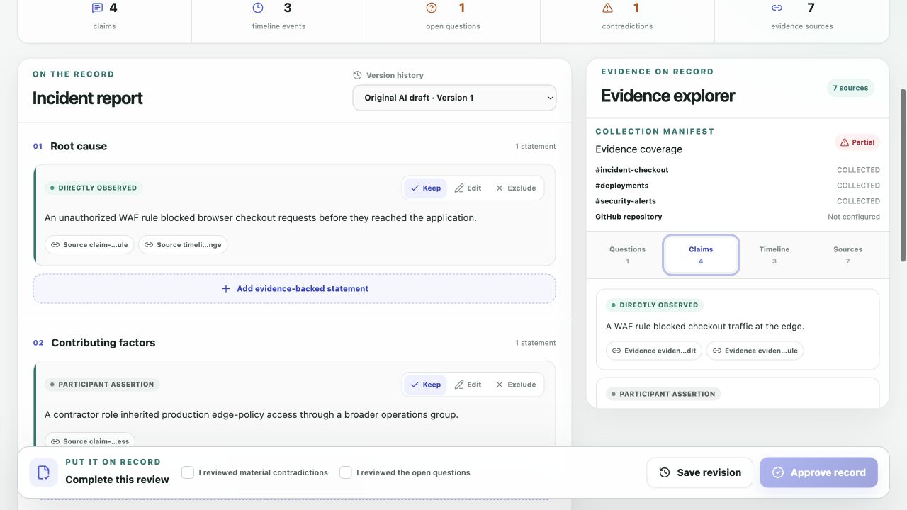 The OnRecord evidence review interface showing cited statements, reviewer decisions, source coverage, and claims.