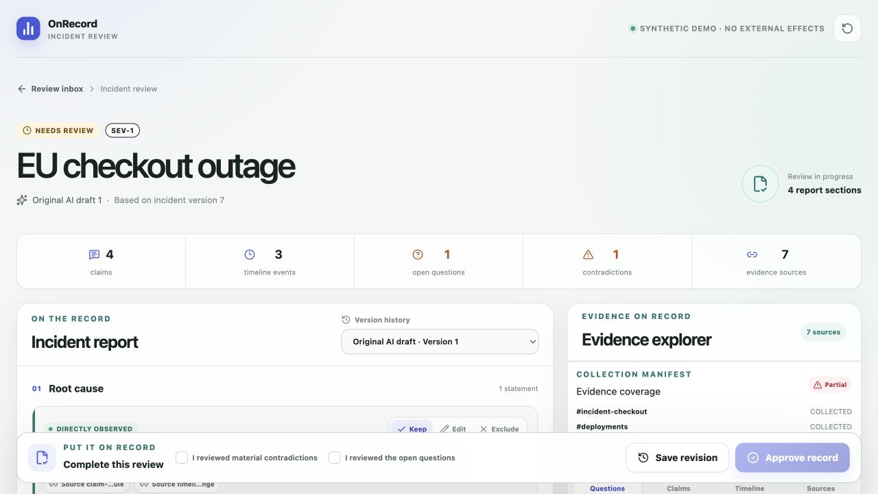 The production OnRecord review console showing the EU checkout outage, evidence counts, report, and evidence explorer.
